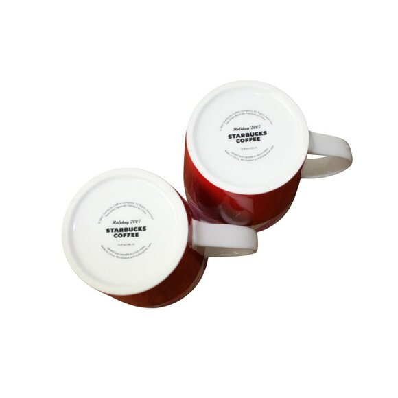 Starbucks Holiday 2007 Ceramic Mugs Red & Pink Candy Cane Stripe Design Set Of 2 - Picture 3 of 6